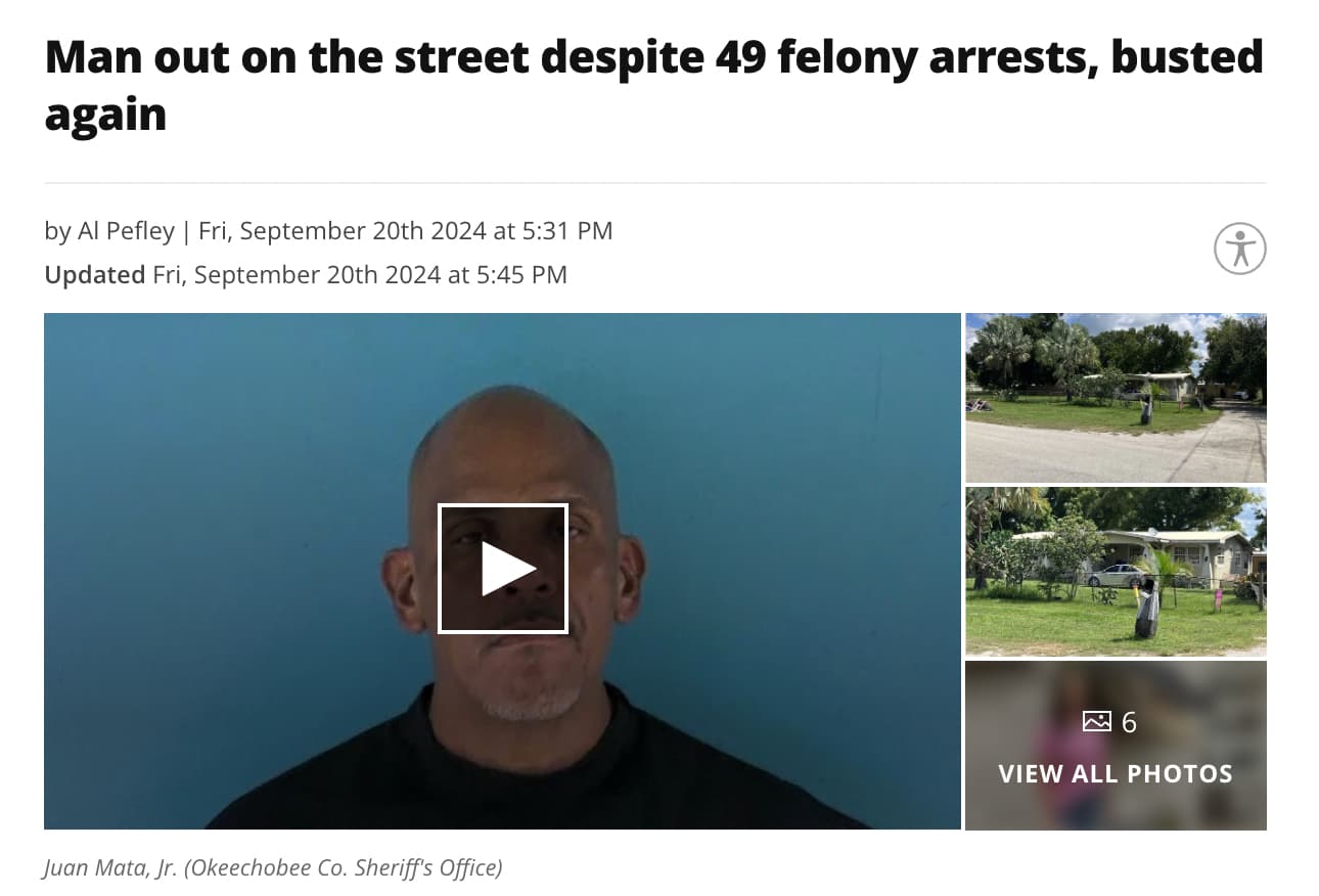 screenshot - Man out on the street despite 49 felony arrests, busted again by Al Pefley | Fri, September 20th 2024 at Updated Fri, September 20th 2024 at Juan Mata, Jr. Okeechobee Co. Sheriff's Office 6 View All Photos